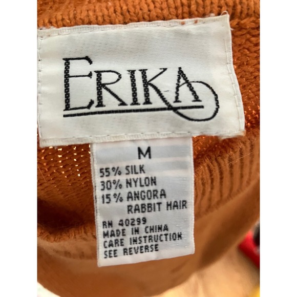 Vintage Silk Angora Blend Mock Neck Sweater Orange Floral Rosettes Size M - Picture 6 of 6